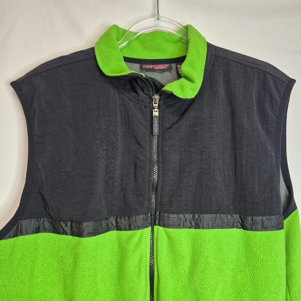 Competition Tech Mens Fleece Vest Neon Green Black Colorblock Full Zip Large